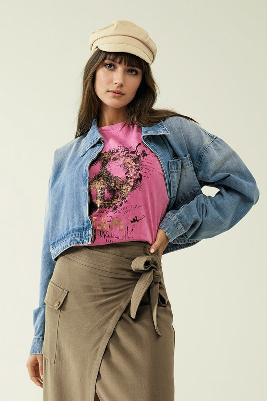 T-shirt à manches courtes avec motif graphique Peace Sign sur le devant en fuchsia