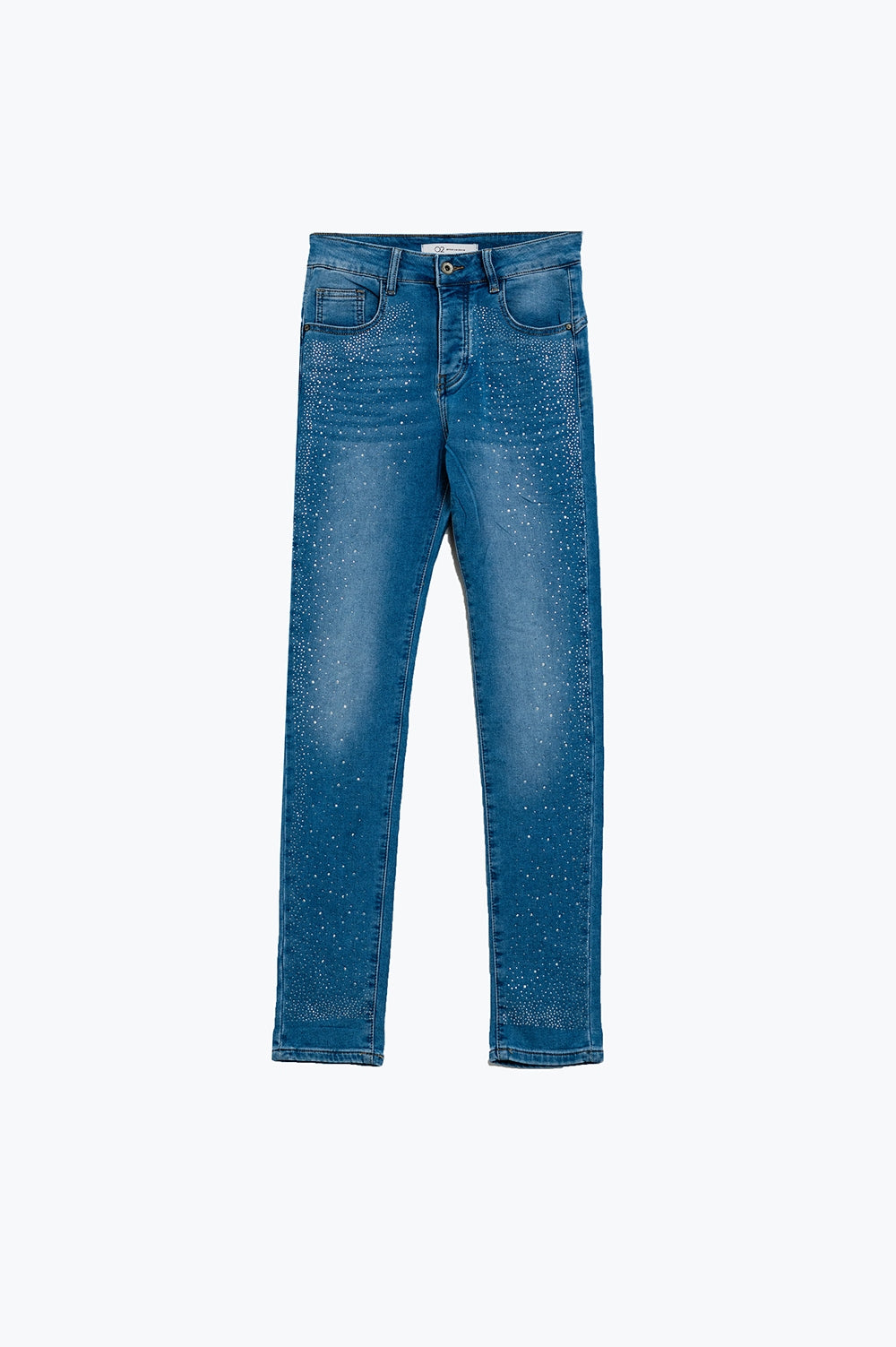 Jean skinny bleu délavé avec strass sur le devant