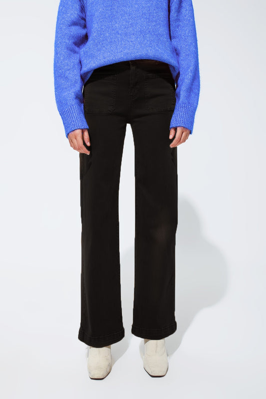 jean flare à taille haute et poches avant en noir