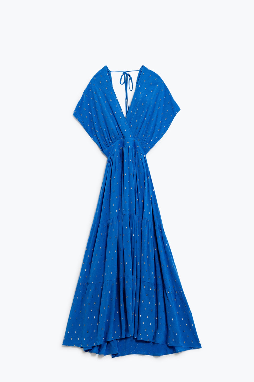 robe longue ample bleue avec détails dorés