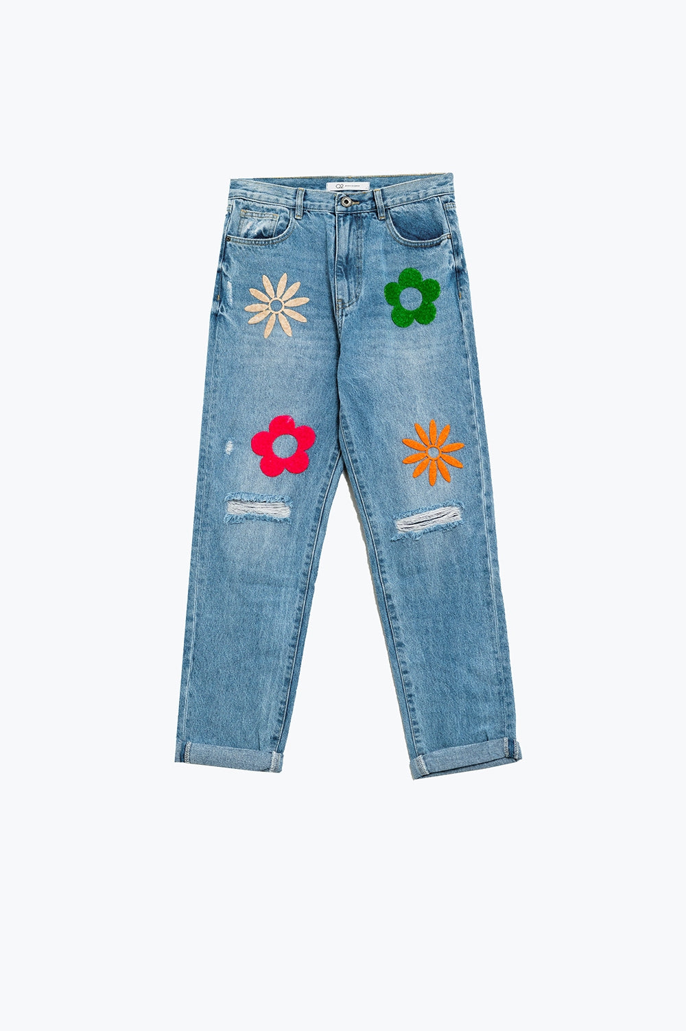 Jean droit avec fleurs en bleu délavé