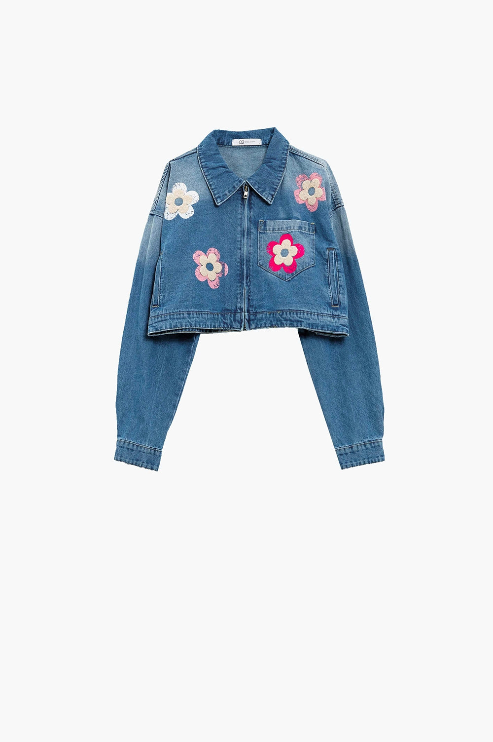 Veste croisée en denim avec détails floraux