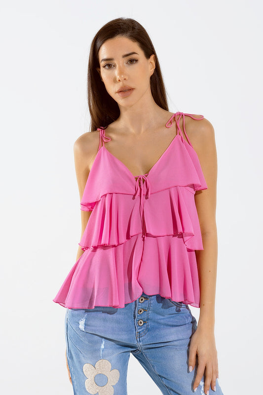 Top à volants et fines bretelles Fuchsia