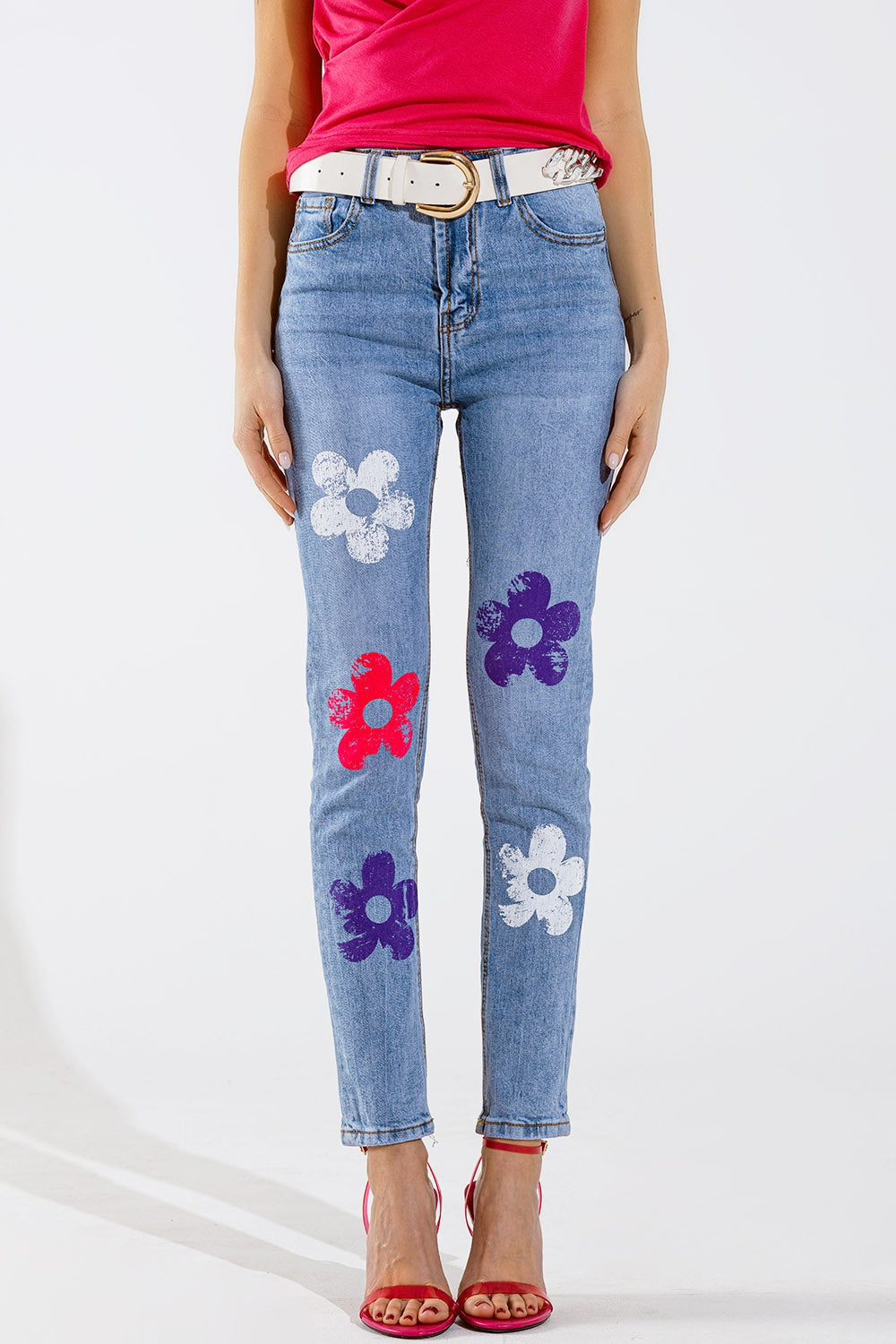 Jeans 5 poches skinny avec fleurs