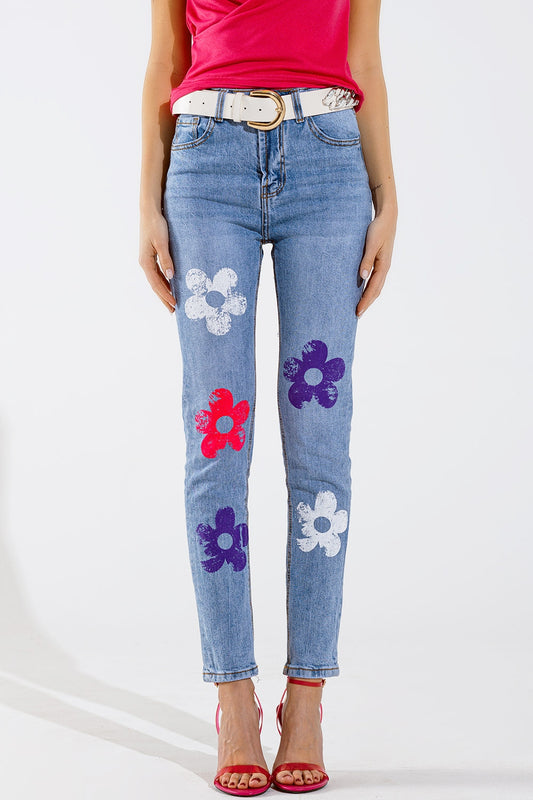 Jeans 5 poches skinny avec fleurs