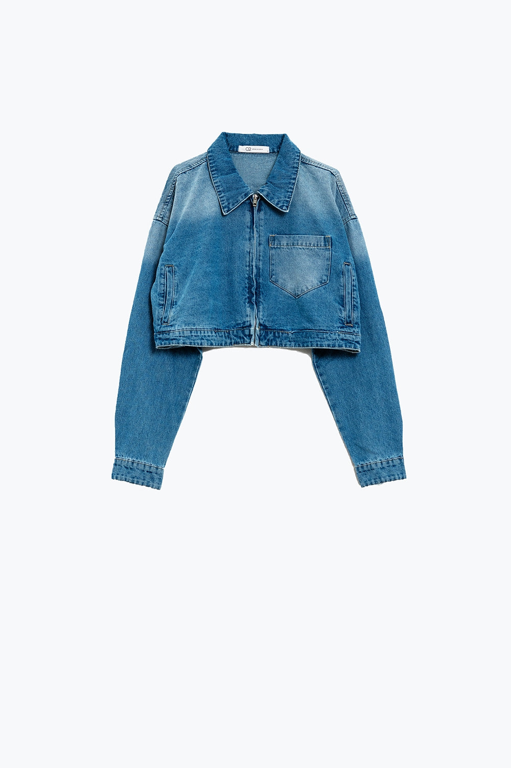 Veste en jean courte avec fermeture à glissière et impression peinte à la main au dos