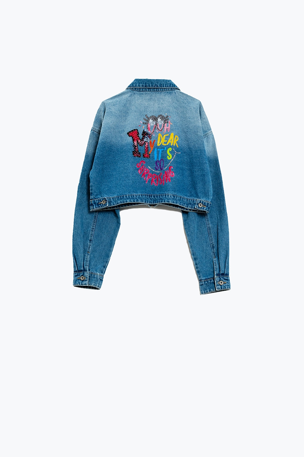 Veste en jean courte avec fermeture à glissière et impression peinte à la main au dos