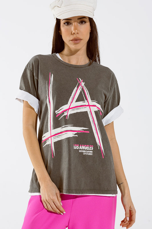 T-shirt gris oversize Imprimés LA Los Angeles en rose et blanc