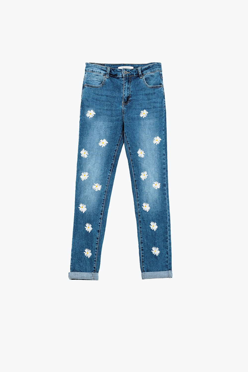 Jean skinny avec marguerites blanches imprimées délavage moyen