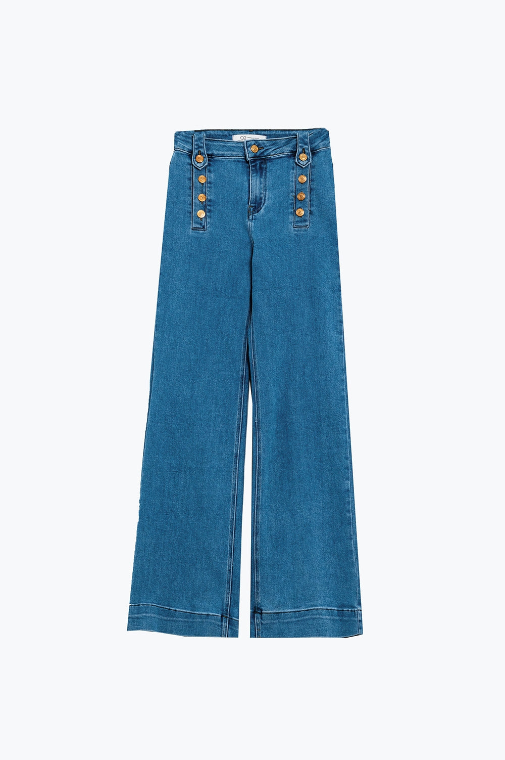 Jean droit style marine avec détails de boutons dorés sur le côté en bleu moyen