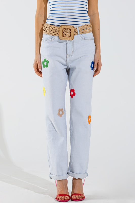 Jean décontracté blanchi à motifs floraux multicolores