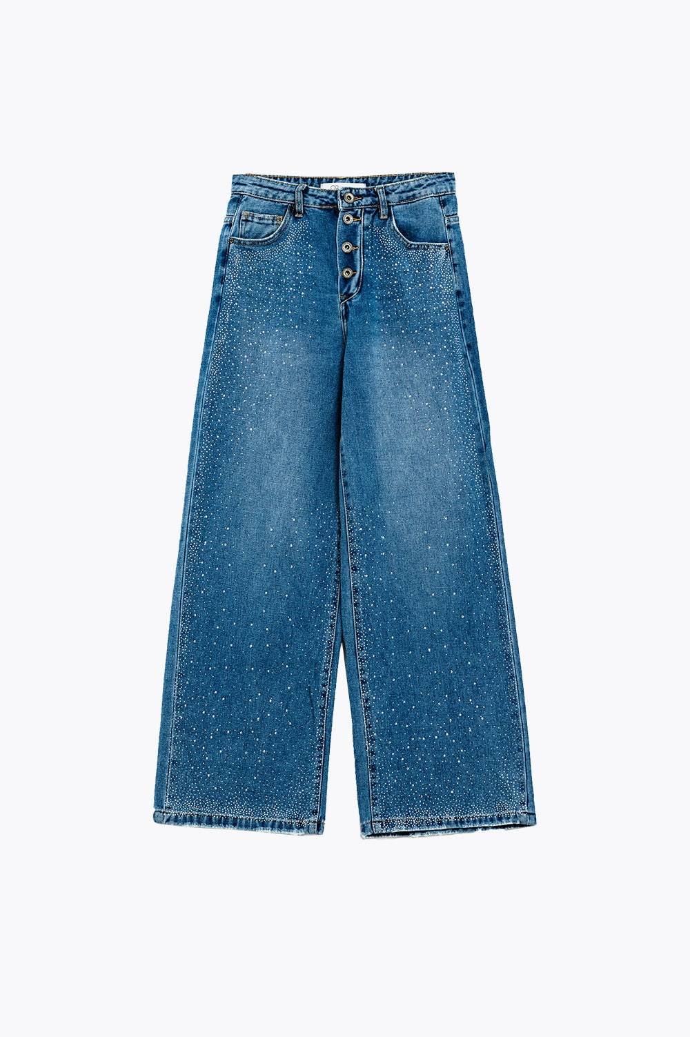 Jean à jambe large avec boutons apparents et détails de stras délavage moyen