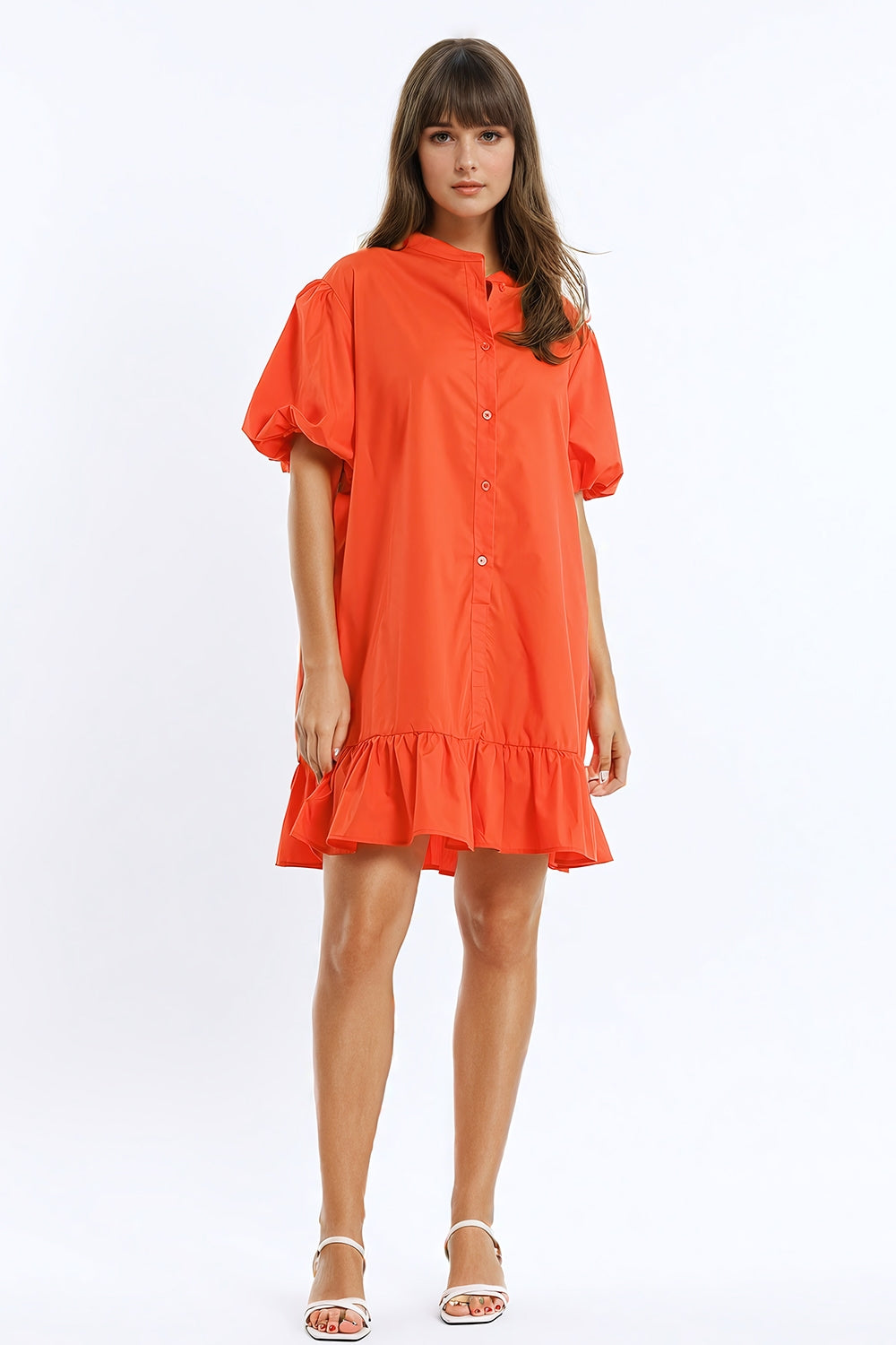 Robe chemise décontractée à manches courtes ballon et volants en orange