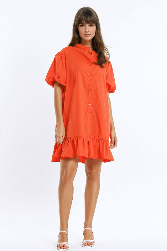 Robe chemise décontractée à manches courtes ballon et volants en orange