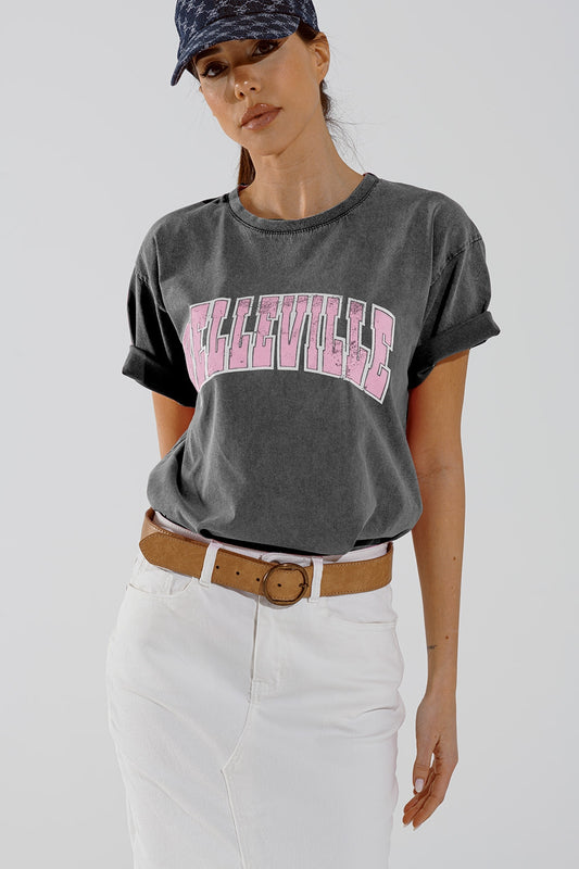 T-shirt gris à col ras du cou avec texte Belleville