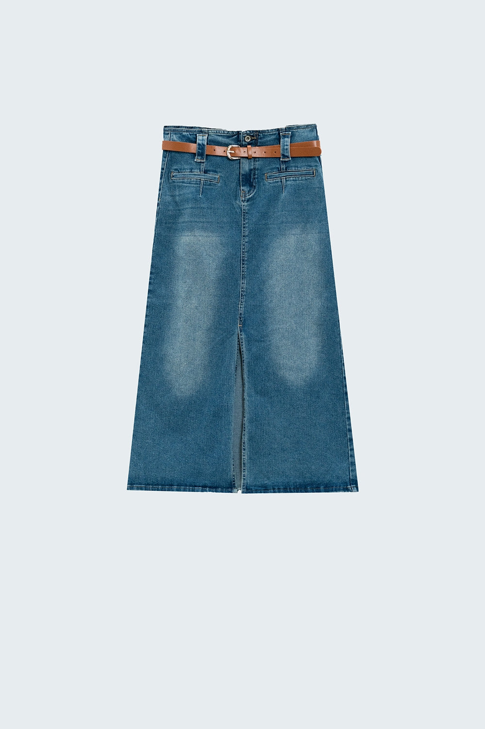 Jupe midi en jean bleu avec fente sur le devant