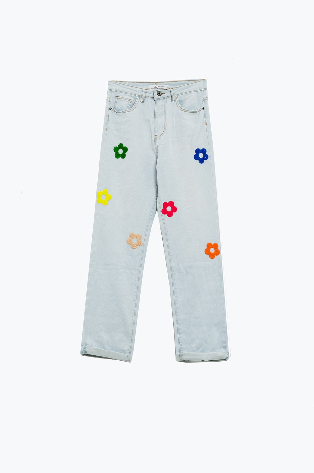 Jean décontracté blanchi à motifs floraux multicolores