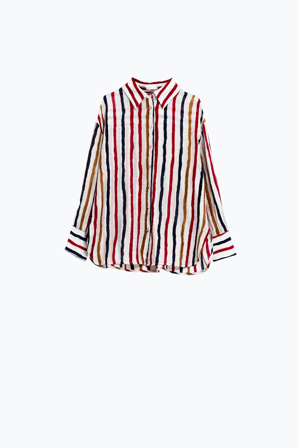 chemise à manches longues en mousseline de soie à rayures multicolores rouge et marine