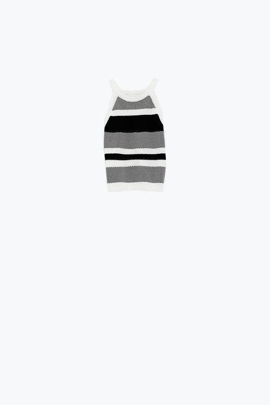 Débardeur dos nu noir et blanc avec motifs de rayures dans différentes mailles
