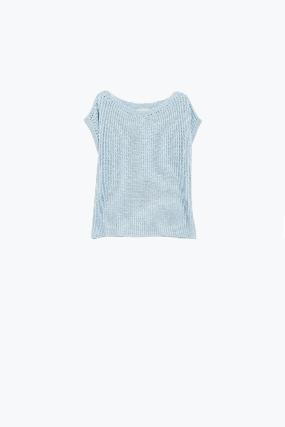 Boat Neck Ribbed Sweater With Cap Sleeves en bleu