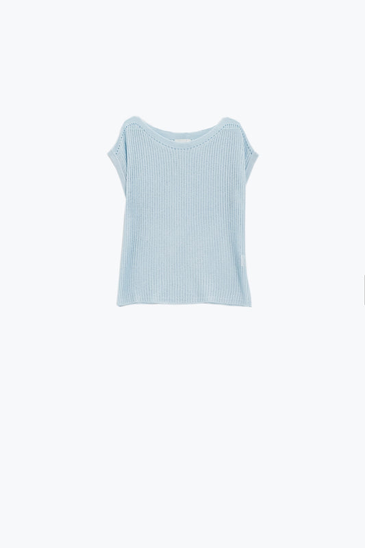 Boat Neck Ribbed Sweater With Cap Sleeves en bleu