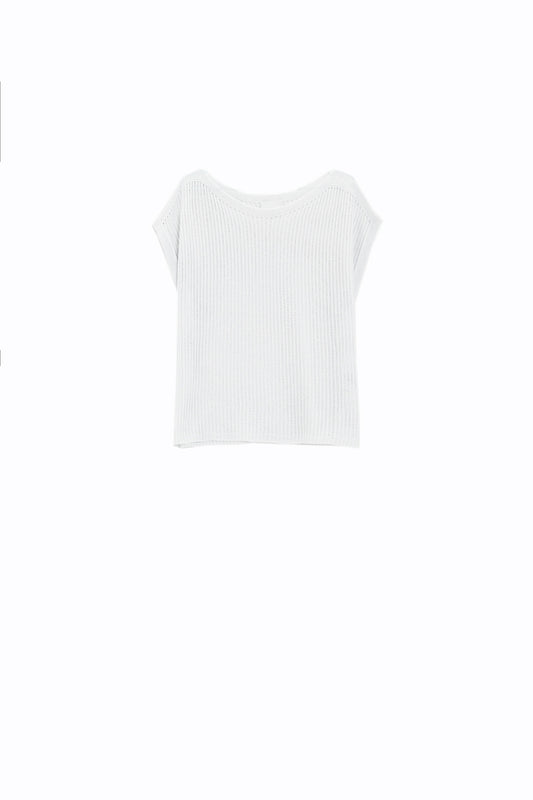 Pull à encolure bateau côtelé avec manches courtes en blanc