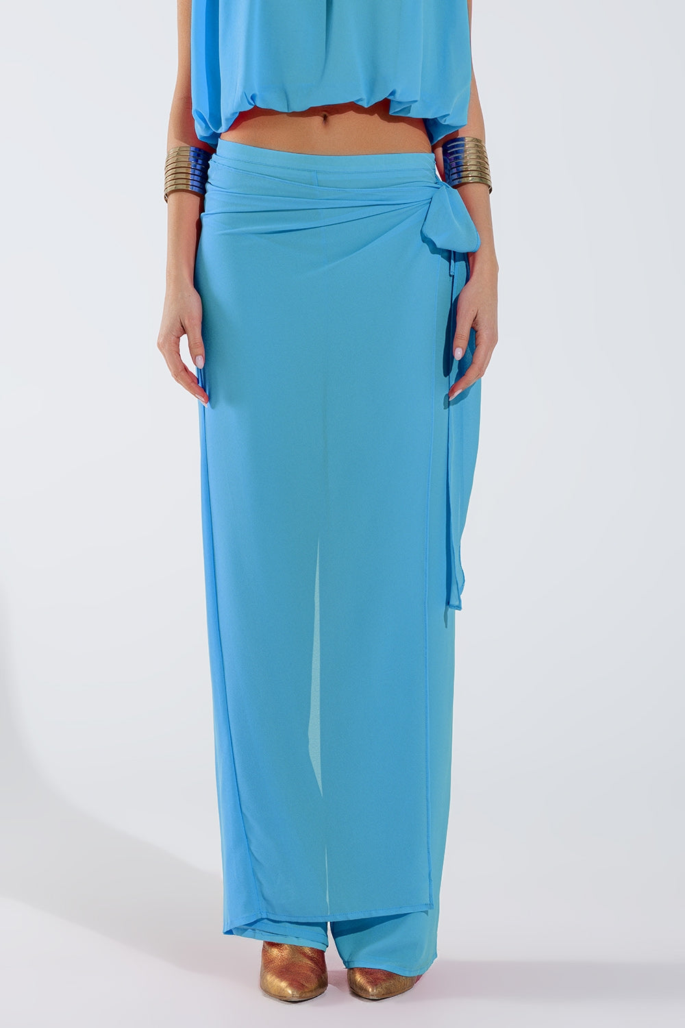 Pantalon large bleu clair Jupe superposée nouée sur le côté