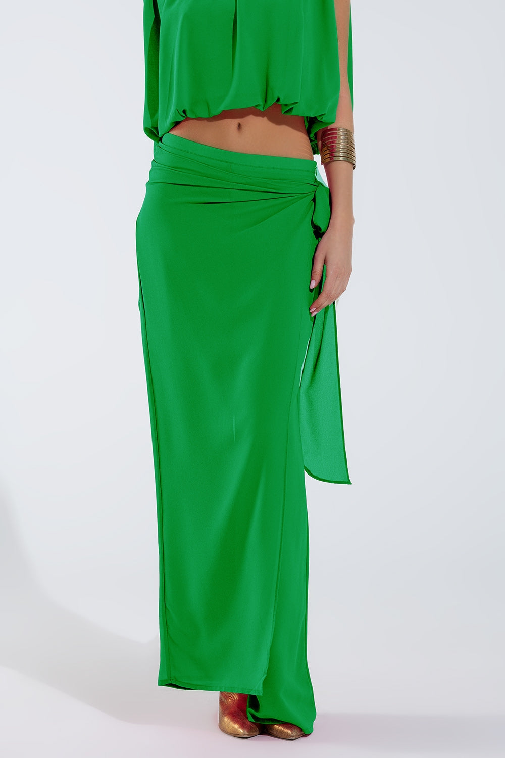 Pantalon vert large Jupe superposée nouée sur le côté