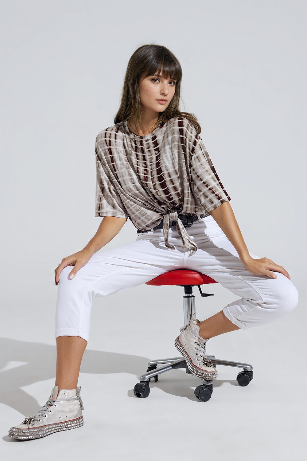 T-shirt imprimé Tie Dye kaki avec nœud sur le devant
