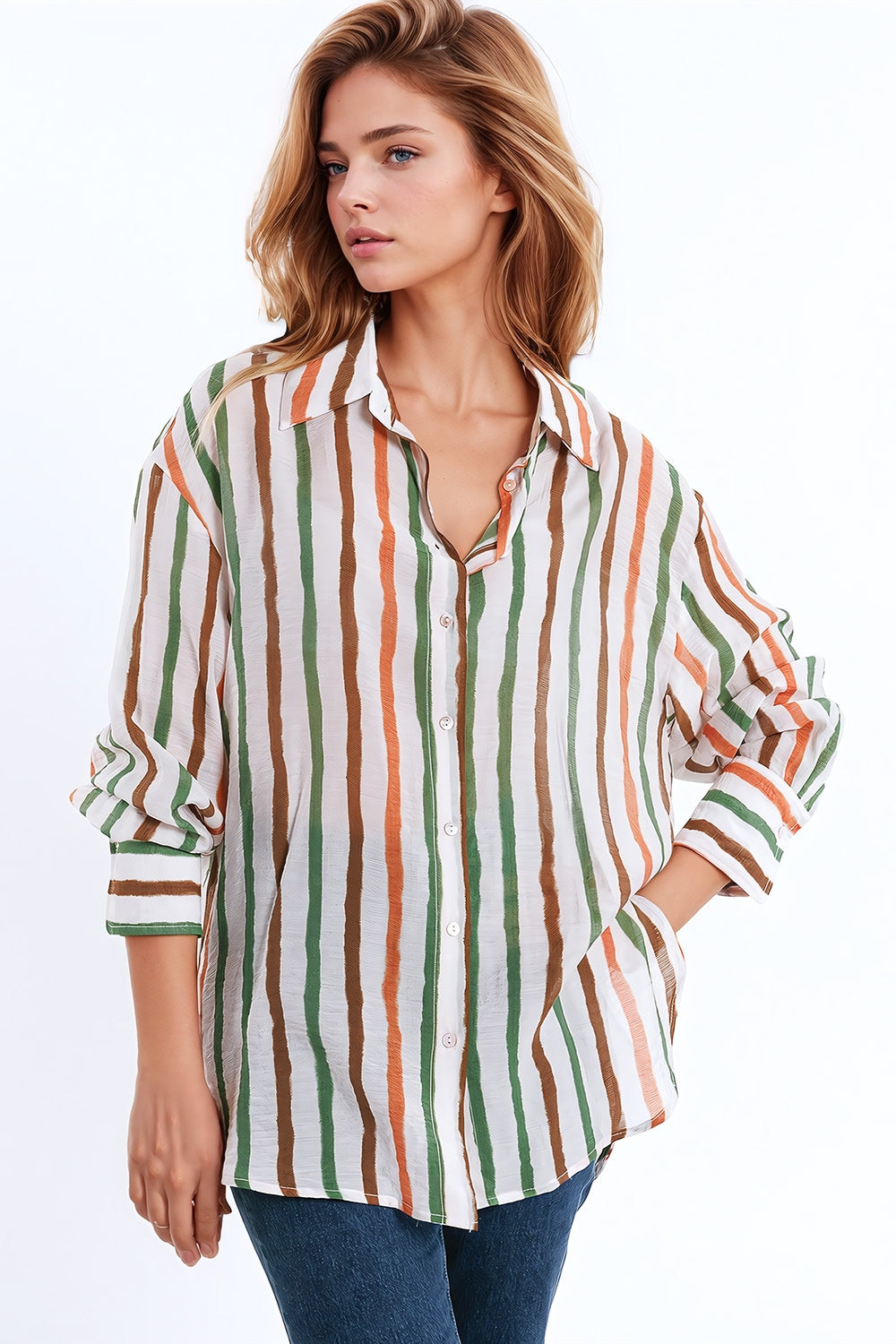chemise à manches longues en mousseline de soie à rayures multicolores vertes et brunes