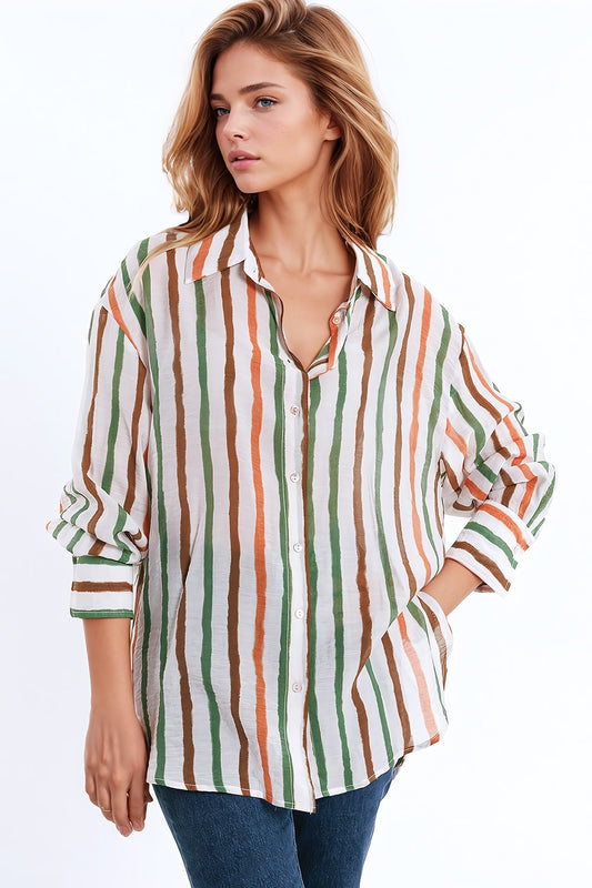 chemise à manches longues en mousseline de soie à rayures multicolores vertes et brunes