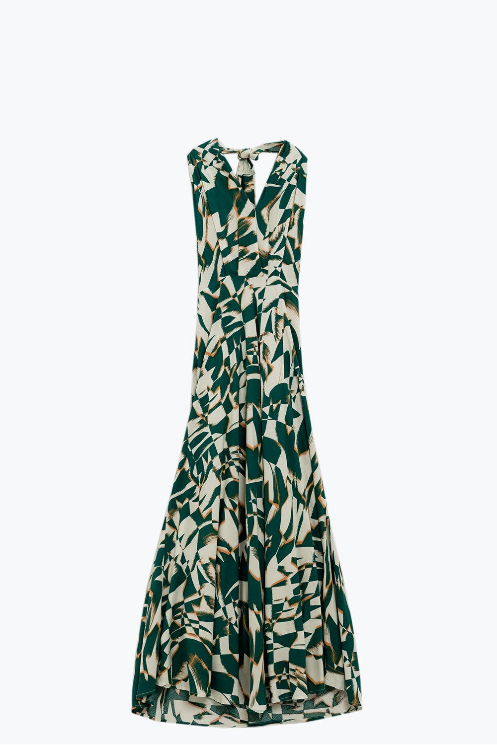 Robe midi dos nu avec taille cintrée en imprimé abstrait vert et blanc