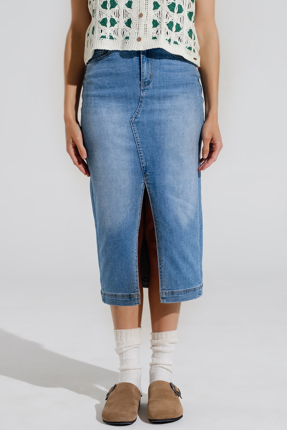 Jupe midi en denim extensible avec fente sur le devant