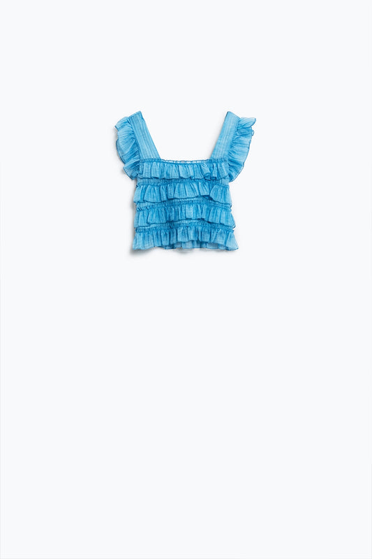 Haut bleu sans manches avec motif froncé