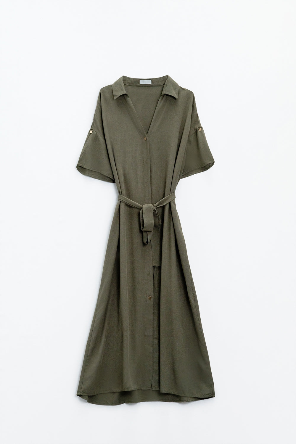 Khaki Midi Button Down Dress with Short Sleeves and Matching Belt (Robe midi boutonnée kaki à manches courtes avec ceinture