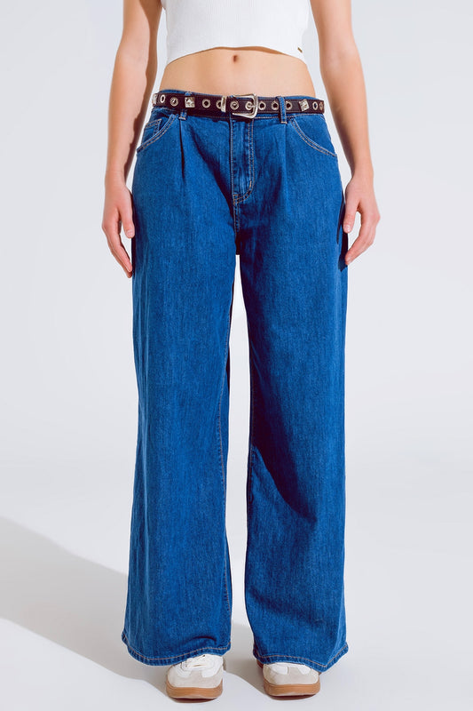 Boyfriend Jean cinq poches à jambe large en délavage foncé