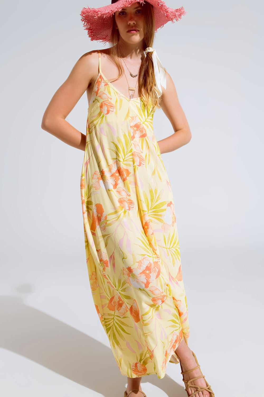 combinaison maxi jaune à imprimé tropical