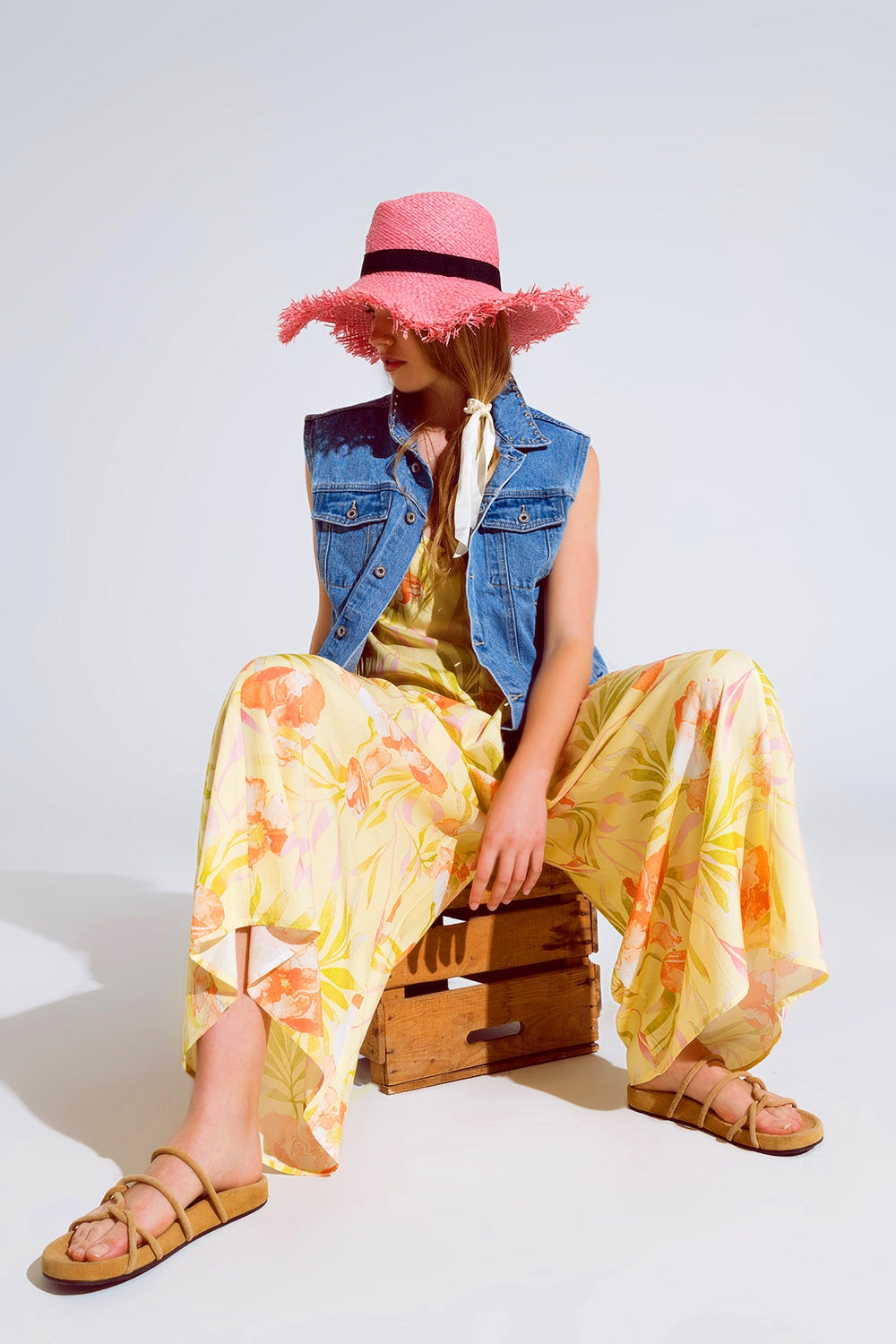 combinaison maxi jaune à imprimé tropical