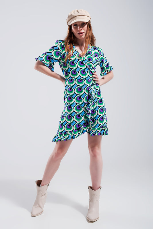 Robe cache cœur courte avec ourlet à volants et imprimé style années 70 bleu