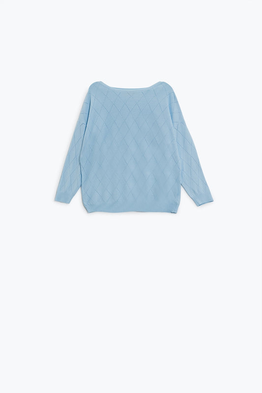Pull bleu clair à motif argyle avec encolure bateau