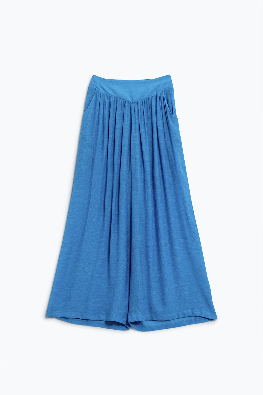Pantalon de style palazzo bleu avec poches latérales et bande de taille épaisse