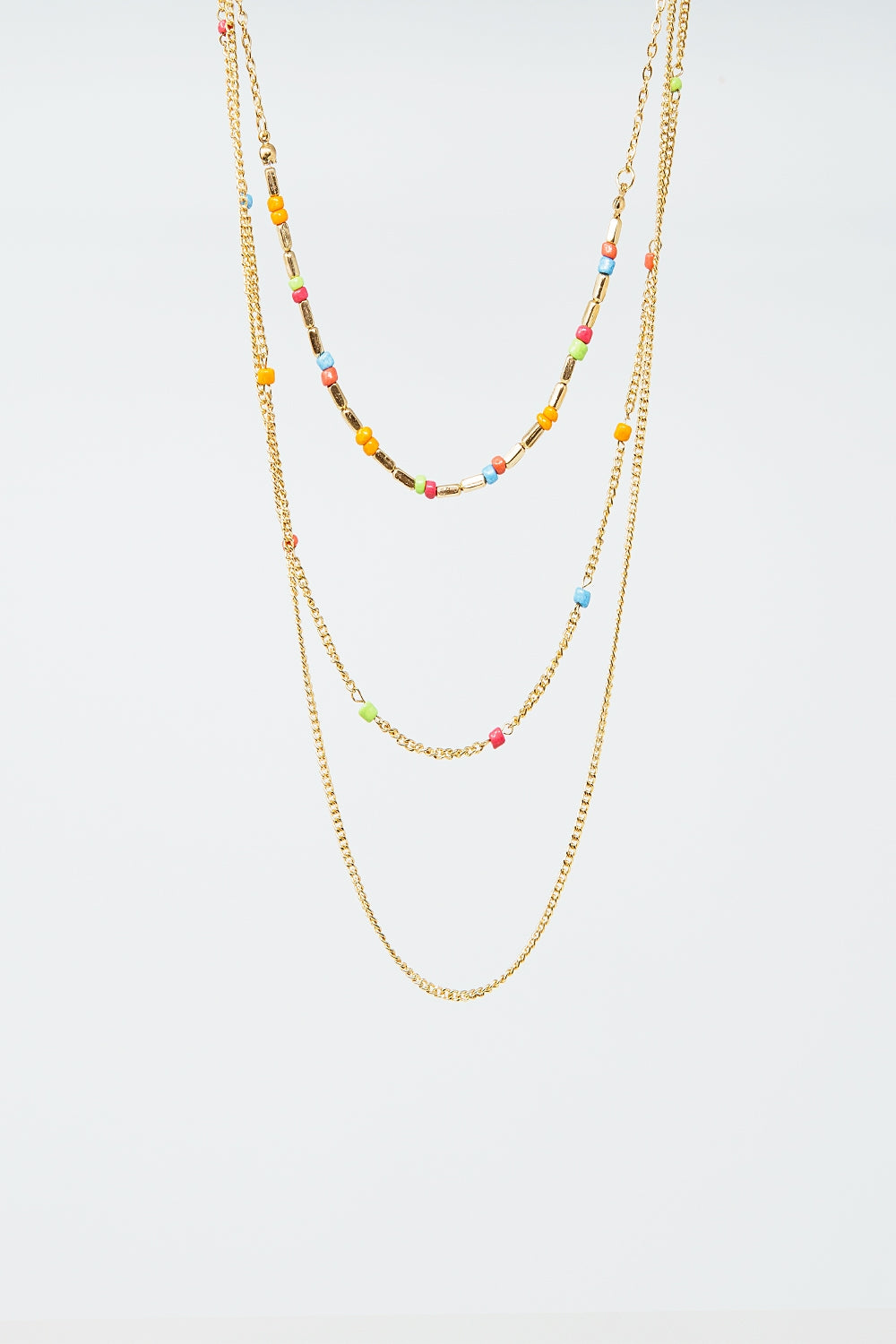 Collier 3 en 1 avec perles arc-en-ciel et chaîne fine en or
