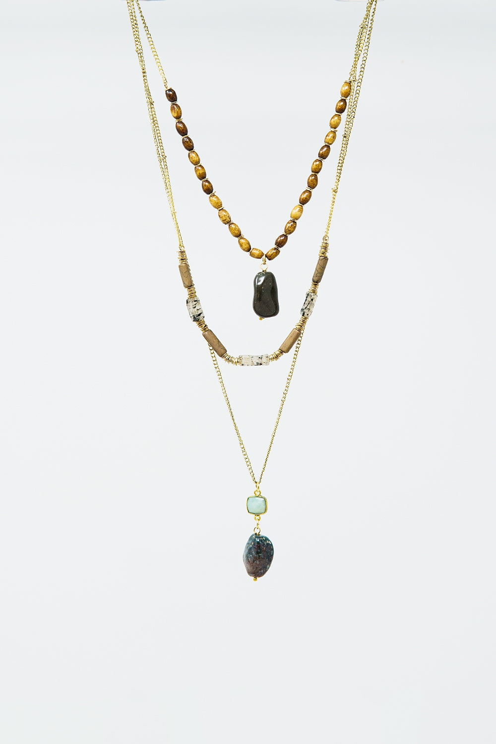 Collier Ethnique 3 en 1 avec grosses pierres et perles naturelles