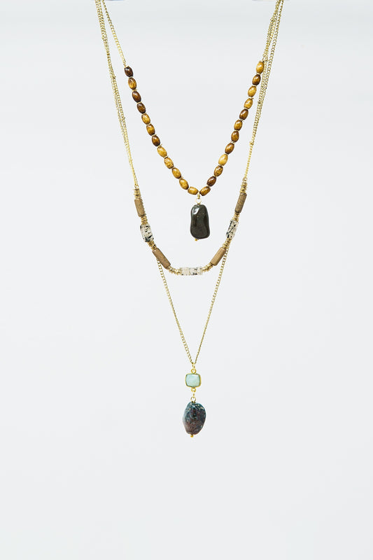 Collier Ethnique 3 en 1 avec grosses pierres et perles naturelles