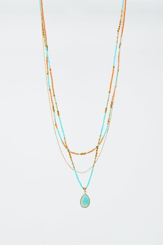 Collier 3 en 1 avec perles orange et bleues