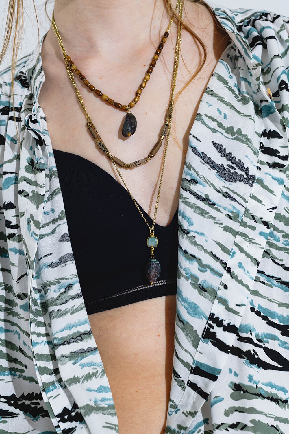 Collier Ethnique 3 en 1 avec grosses pierres et perles naturelles