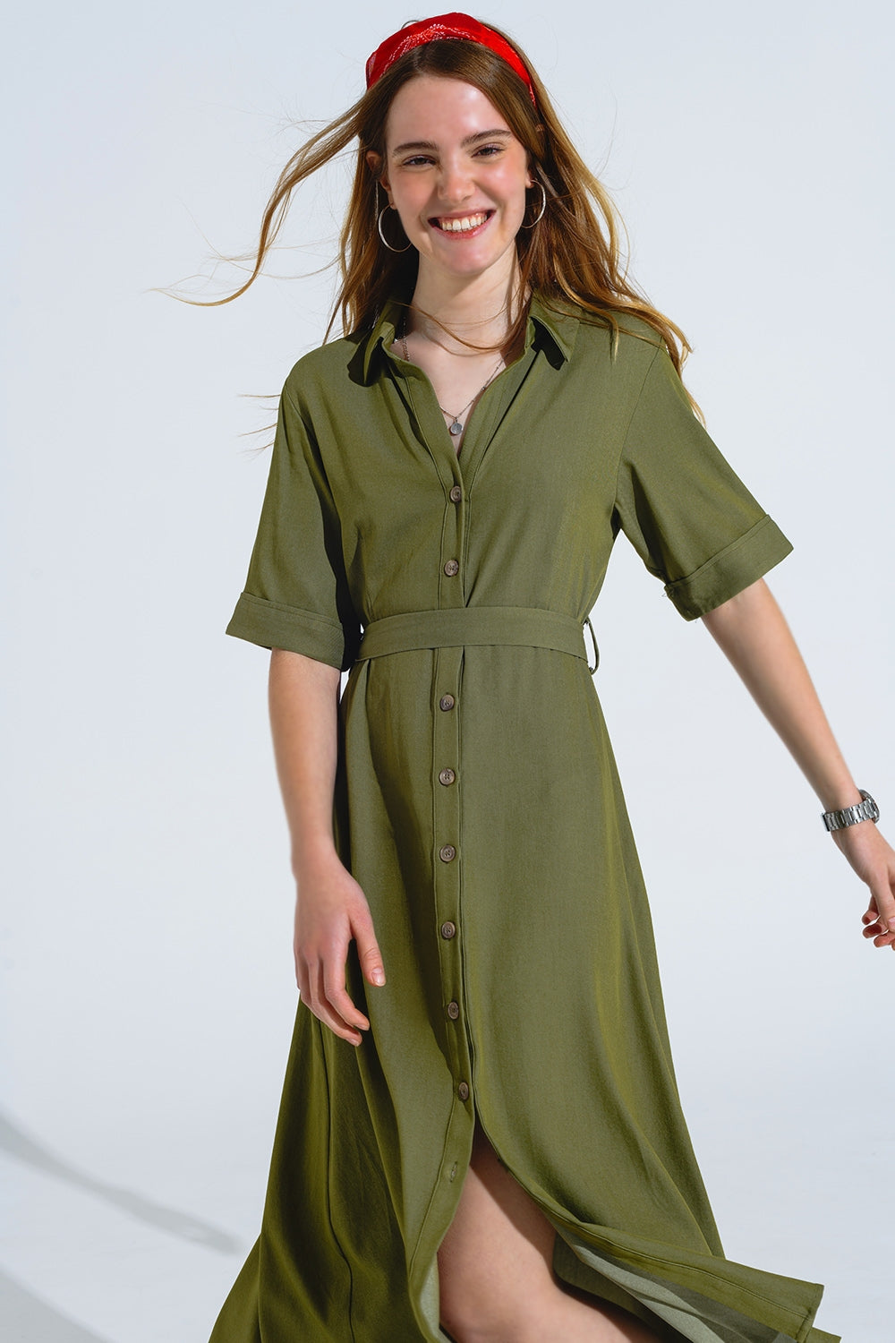 Robe longue chemise verte à col polo