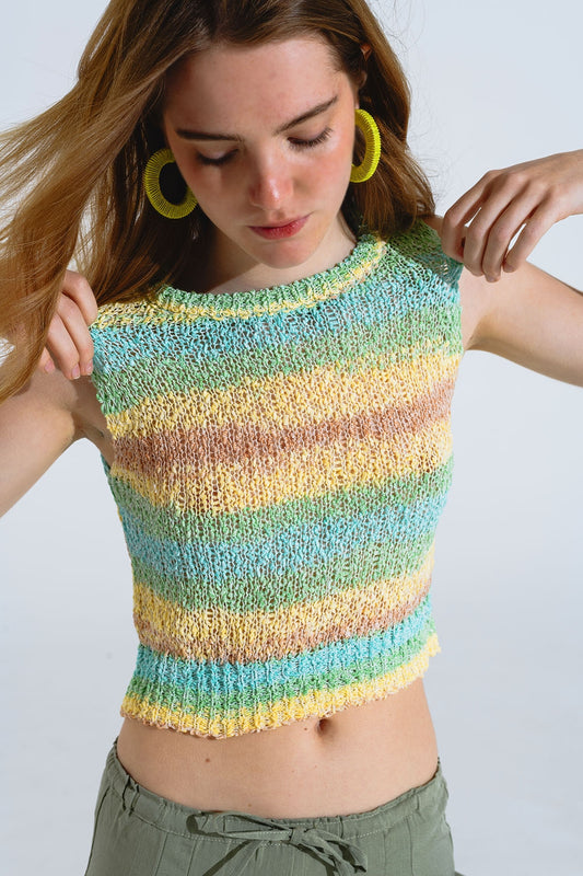 Pull sans manches en tricot multicolore avec rayures et encolure ras du cou