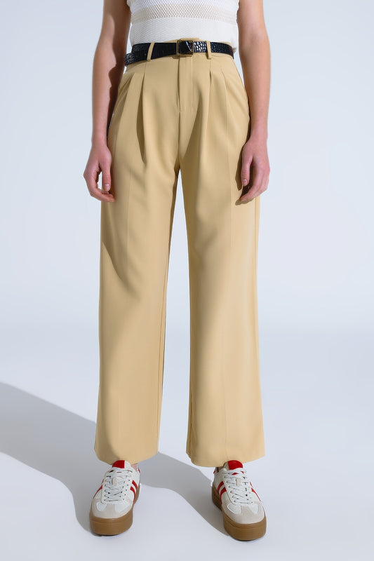 Pantalon droit avec poches latérales et pinces en Beige