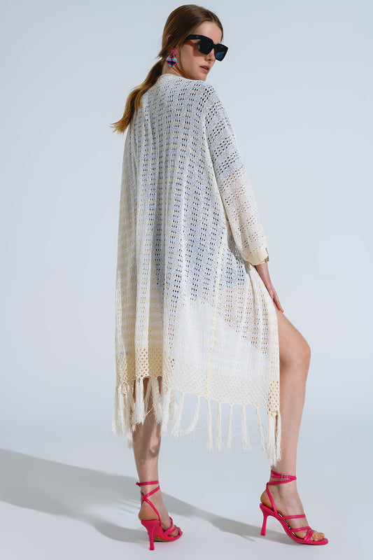 Cardigan crème style bohème en maille pointelle à rayures et détails à franges
